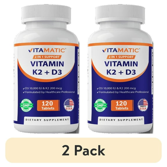 (2 pack) Vitamatic Vitamin D3 K2 Supplements with 10,000 IU Vitamin D + 200mcg Vitamin K MK-7, 120 Tablets Bone, Heart, Immune, & Calcium Support