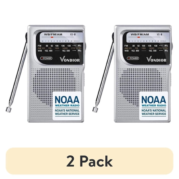 (2 pack) Vondior NOAA Weather Radio, Emergency AM/FM, Best Reception Long Lasting Transistor, 1.1'' H, Silver