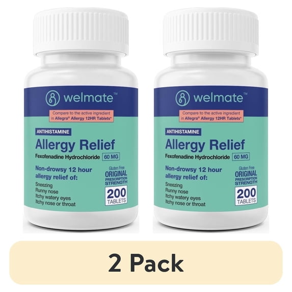 (2 pack) WELMATE Antihistamine Allergy Relief, Fexofenadine HCL 60mg - 200 Tablets
