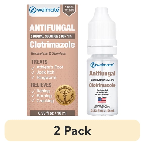 (2 pack) WELMATE Clotrimazole 1% Antifungal Solution for Athlete's Foot, Cracked & Dry Skin Relief, 0.33 FL oz