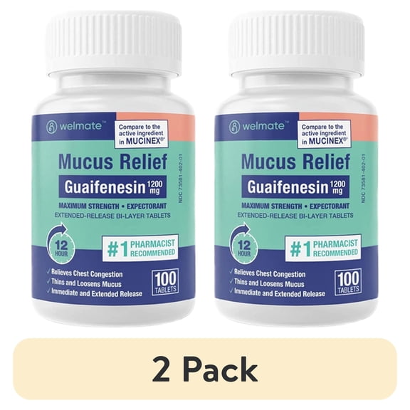 (2 pack) WELMATE Cough Medicine Mucus Relief Guaifenesin 1200 mg Expectorant Tablets, 100 Count