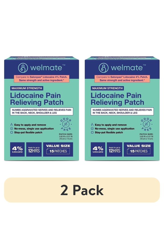 (2 pack) WELMATE Pain Management, Lidocaine 4% Pain Relief Patches, Maximum Strength, 15 Count