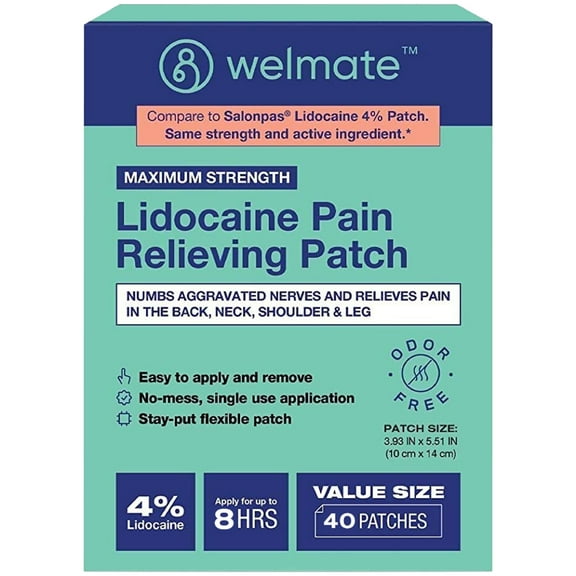 (2 pack) WELMATE Pain Management, Lidocaine 4% Pain Relief Patches, Maximum Strength, 40 Count