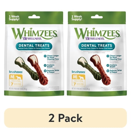 (2 pack) WHIMZEES By Wellness Daily Use Pack Grain Free Dental Treats for Dogs, Medium Brushzees Bag of 7
