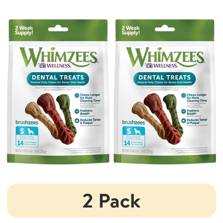 (2 pack) WHIMZEES By Wellness Daily Use Pack Grain Free Dental Treats for Dogs, Small Brushzees Bag of 14