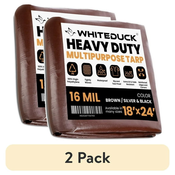(2 pack) WHITEDUCK 18' x 24' Heavy Duty Tarp Cover Waterproof - 16 Mil Brown w/Grommets & Reinforced Edges