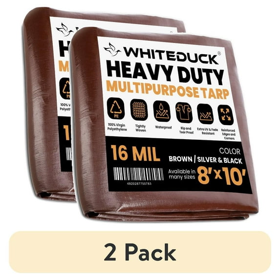 (2 pack) WHITEDUCK 8' x 10' Heavy Duty Tarp Cover Waterproof - 16 Mil Brown w/Grommets & Reinforced Edges