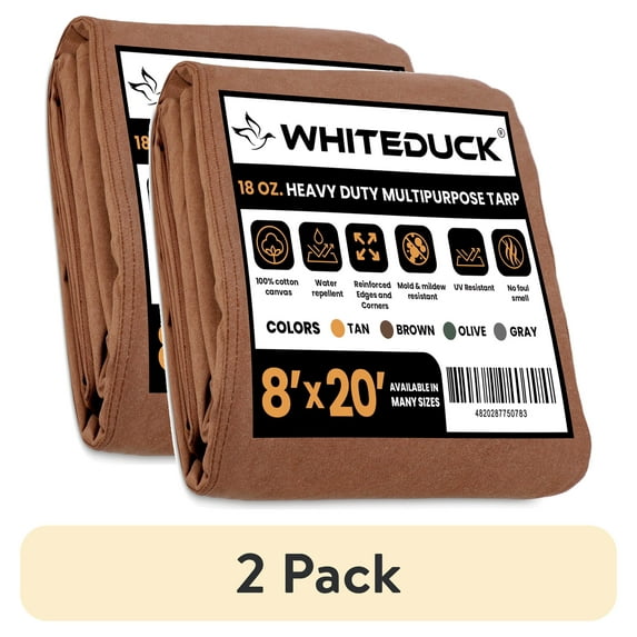 (2 pack) WHITEDUCK Brown 8'x20' 100% Canvas Tarp and Cover Waterproof Heavy Duty 18 oz w/Rustproof Grommets
