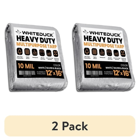 (2 pack) WHITEDUCK Super Heavy Duty Poly Tarp Cover 16 Mil & 10 Mil with Grommets and Reinforced Edges (Brown, White & Silver Black) (Silver Black- 10 Mil, 12' x 16')