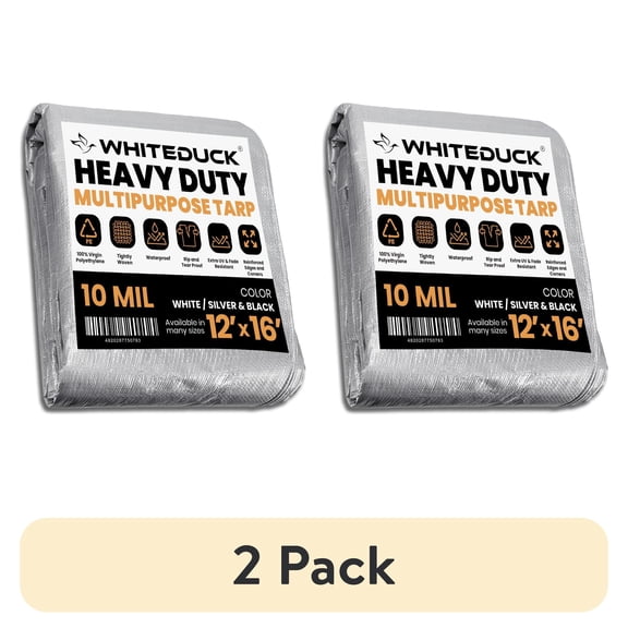 (2 pack) WHITEDUCK Super Heavy Duty Poly Tarp Cover 16 Mil & 10 Mil with Grommets and Reinforced Edges (Brown, White & Silver Black) (Silver Black- 10 Mil, 12' x 16')