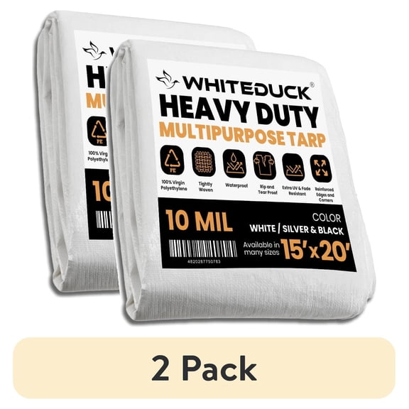 (2 pack) WHITEDUCK 15x20 Tarp 10 MIL Heavy Duty Poly Tarp Waterproof UV Resistant, True to Size, Rust-Proof Grommets, Tear & Rip Resistant, Extra Thick , Camping, Construction, Boat & Equipment Cover