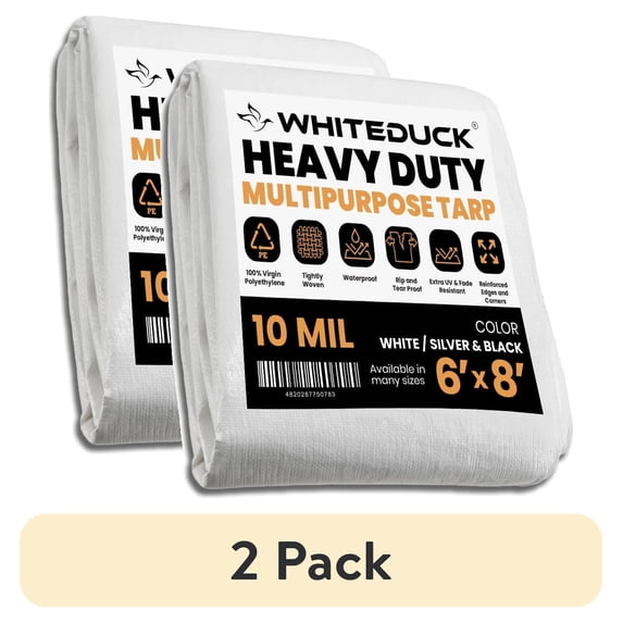 (2 pack) WHITEDUCK 6x8 Tarp 10 MIL Heavy Duty Poly Tarp Waterproof UV Resistant, True to Size, Rust-Proof Grommets, Tear & Rip Resistant, Extra Thick , Camping, Construction, Boat & Equipment Cover