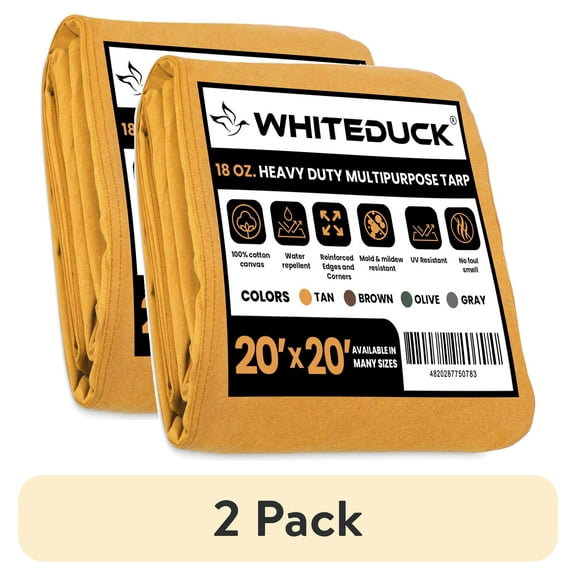 (2 pack) WHITEDUCK 20'x20' Canvas Tarp 18 oz/37 Mil Heavy Duty Waterproof UV Resistant, Rustproof Grommets, Industrial & Commercial Use Cloth Tarp (Finished Size: 19'6"x19'6", Tan)
