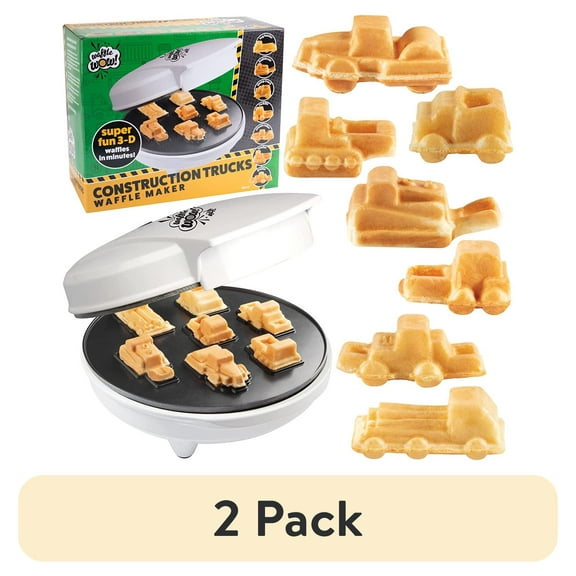 (2 pack) Waffle Wow Construction Trucks Mini Waffle Maker- Make 7 Different Vehicle Shaped Pancakes Feat a Bulldozer Forklift & More- Electric Nonstick Pan Cake Car Waffler Iron w Recipe Guide, Fun Kids Treat