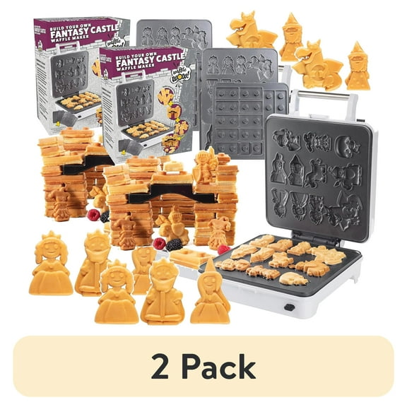 (2 pack) Waffle Wow Fantasy Castle Waffle Maker- Bake & Build Castle of Waffles or Pancakes Shaped Like Bricks Knights Princesses Dragons & More- Electric Nonstick Iron w 4 Removable Dishwasher Safe Plates