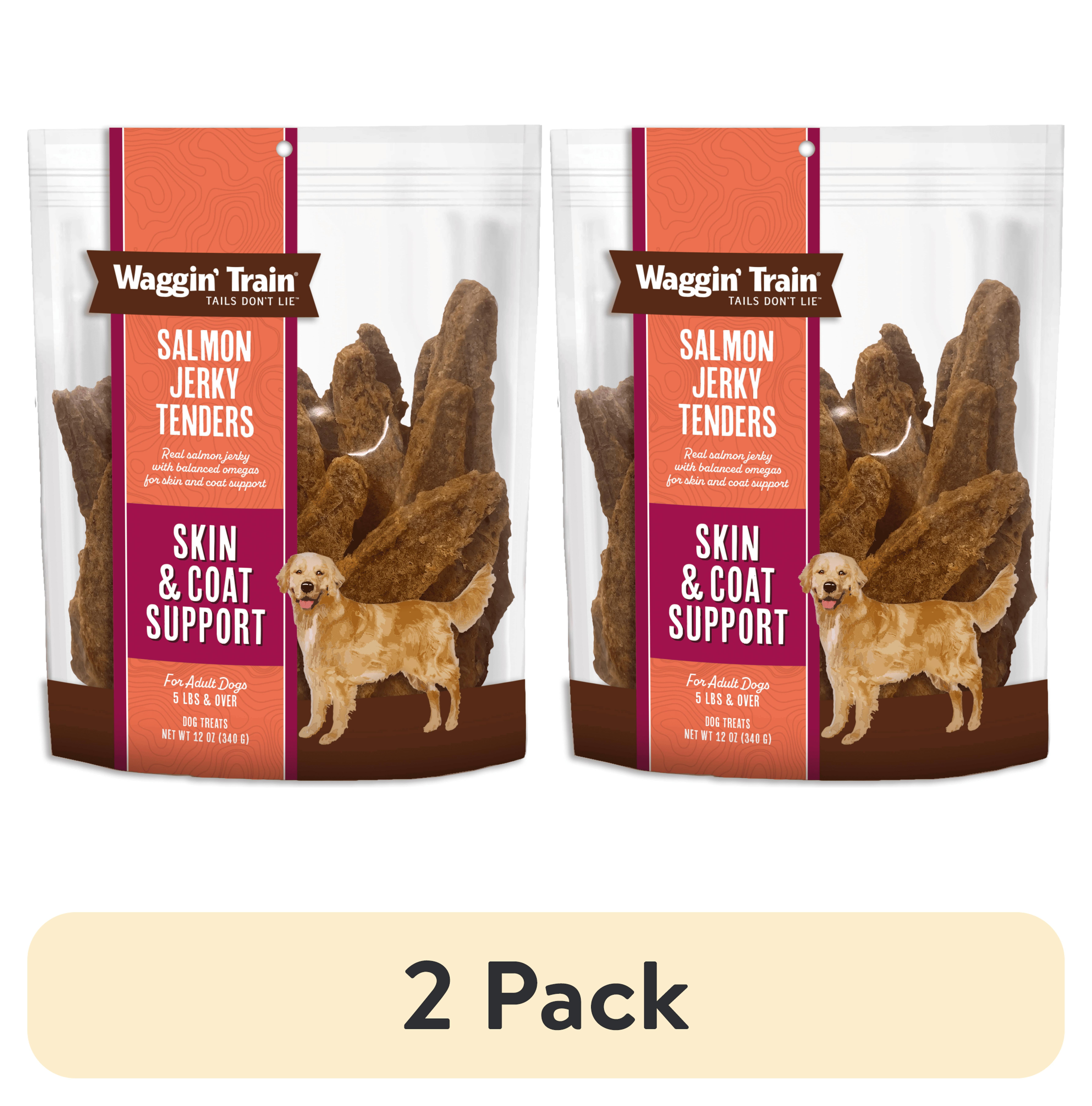 (2 pack) Waggin' Train Salmon Jerky for Skin & Coat Support , Dog Treats, 12oz Pouch
