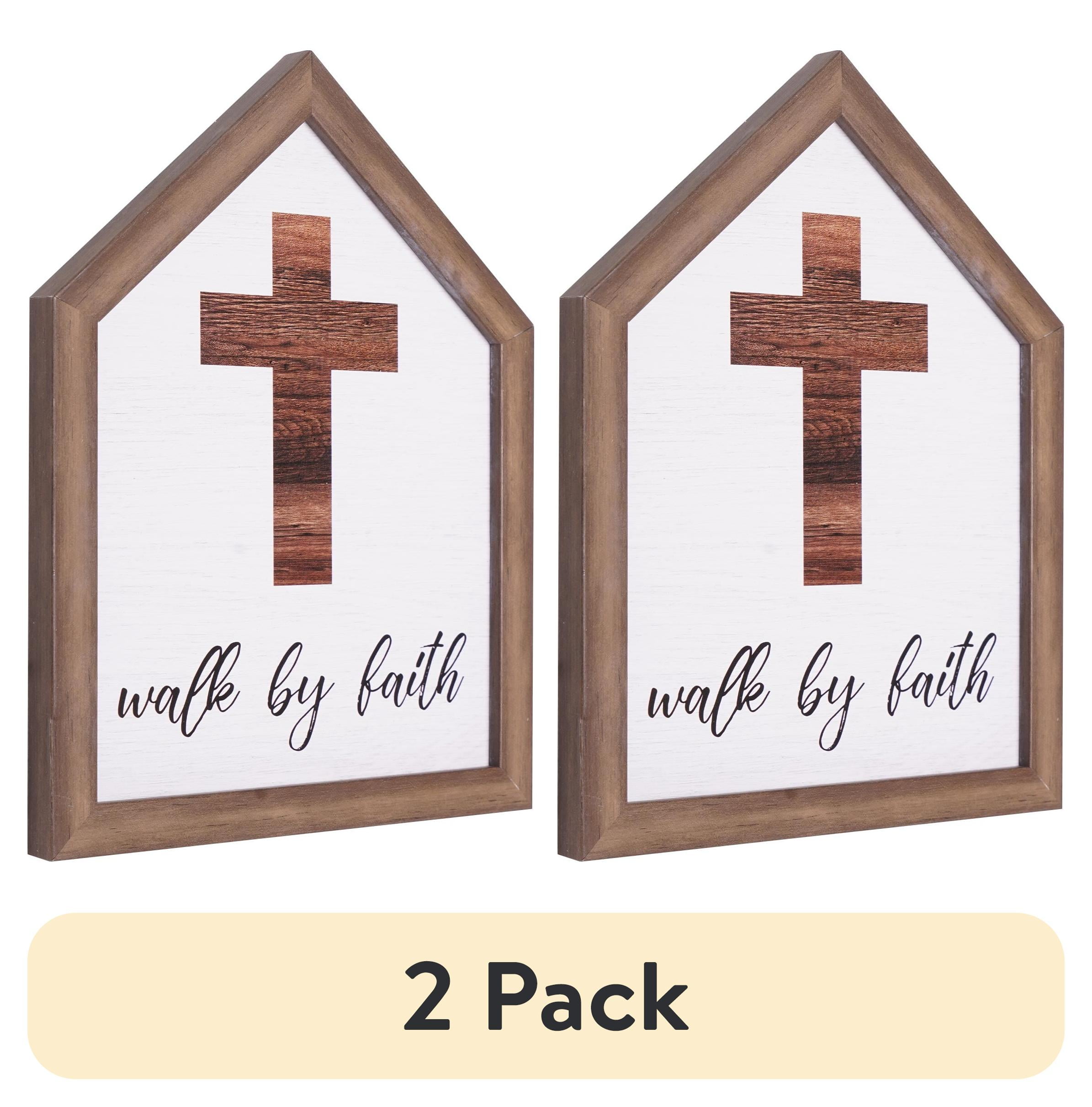 (2 pack) Walk by Faith Typographic House-Shaped Framed Wall Plaque Art - 7.5" x 5.5"