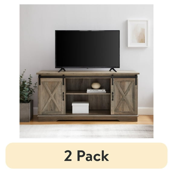 (2 pack) Walker Edison Sliding Farmhouse Barn Door TV Stand for TVs up to 65", Grey Wash