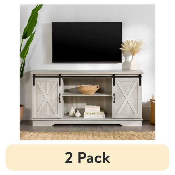 (2 pack) Walker Edison Sliding Farmhouse Barn Door TV Stand for TVs up to 65", Stone Grey