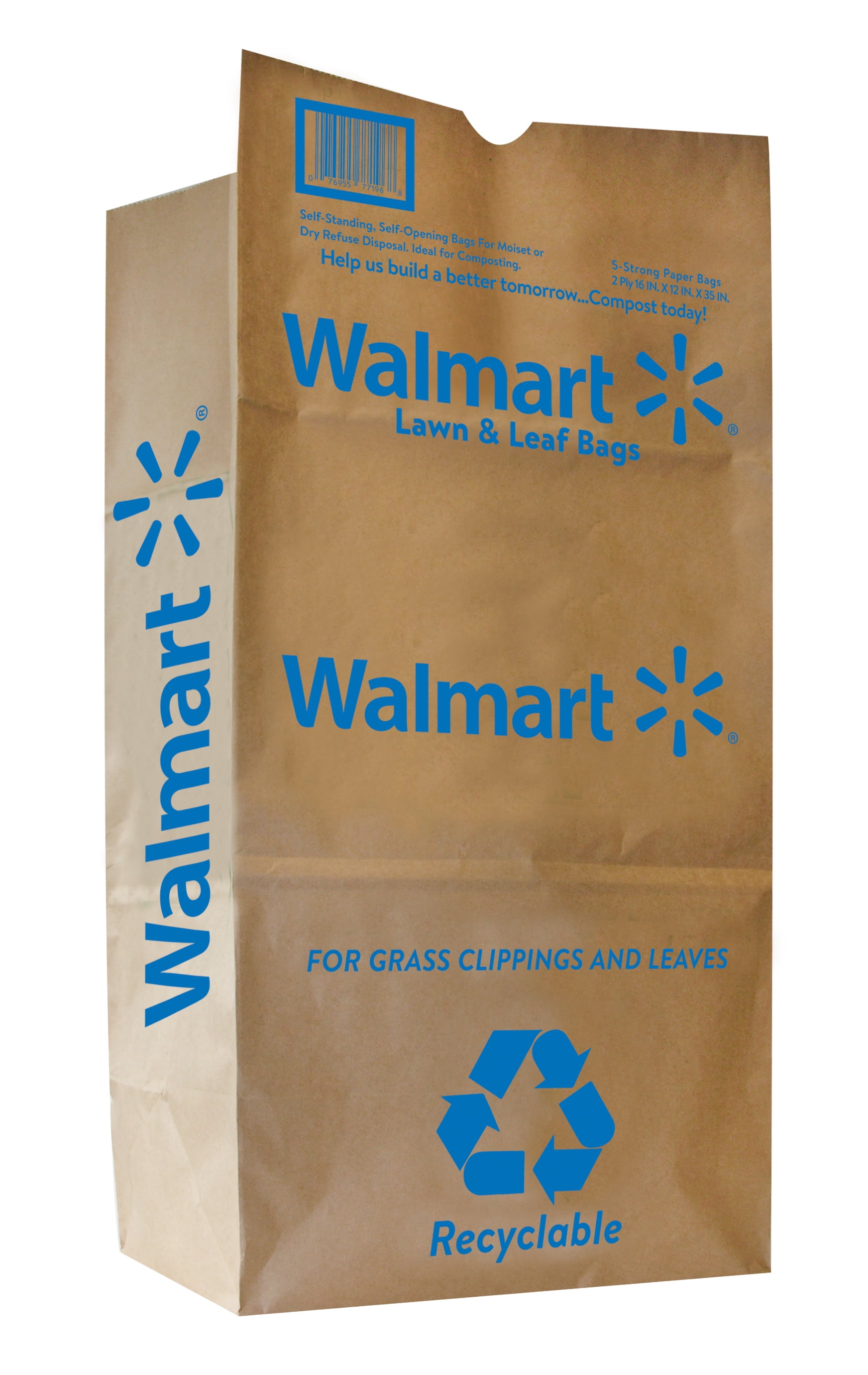 (2 pack) "Walmart" Lawn and Leaf Bag, 5 Count, Self Standing, Natural Kraft, 30 Gallon