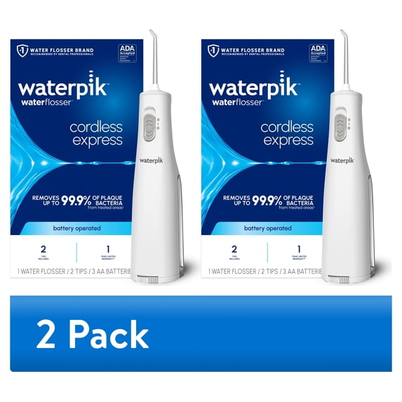 (2 pack) Waterpik Cordless Express Portable Water Flosser with 2 Settings, 2 Tips, ADA Accepted, White