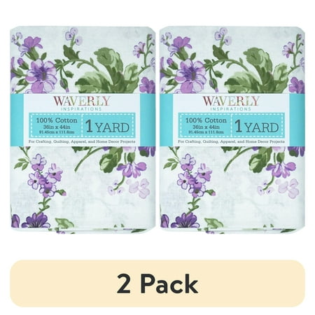 (2 pack) Waverly Inspirations 1 Yard Cut 100% Cotton Floral Print Fabric, White, Green and Purple, 44 in Wide for Quilting & Sewing