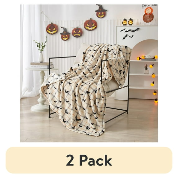 (2 pack) Way To Celebrate 50"x60" Off-White Plaid Bat Plush Throw