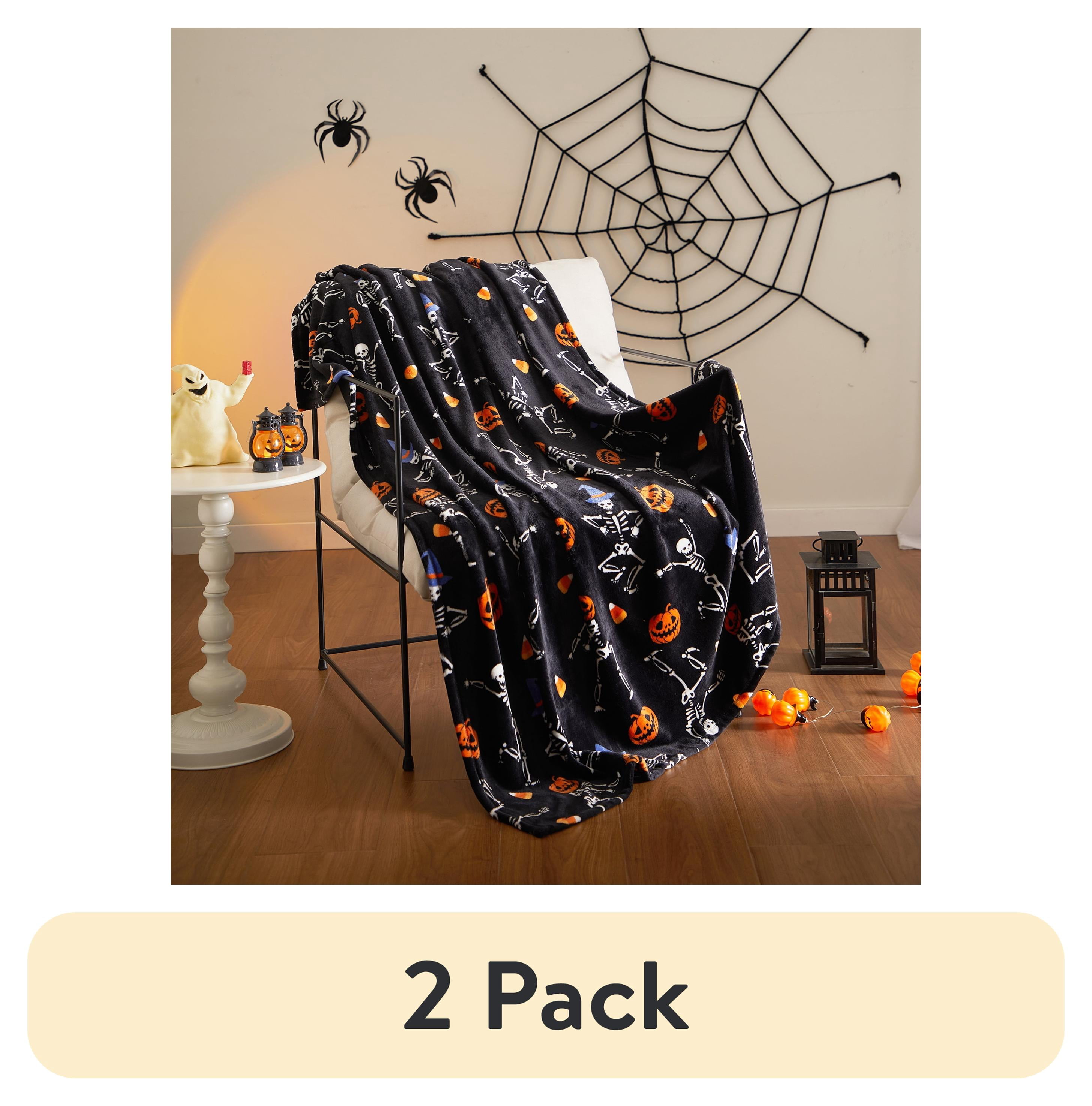 (2 pack) Way To Celebrate 50"x60" Skeletons Rolled Plush Throw