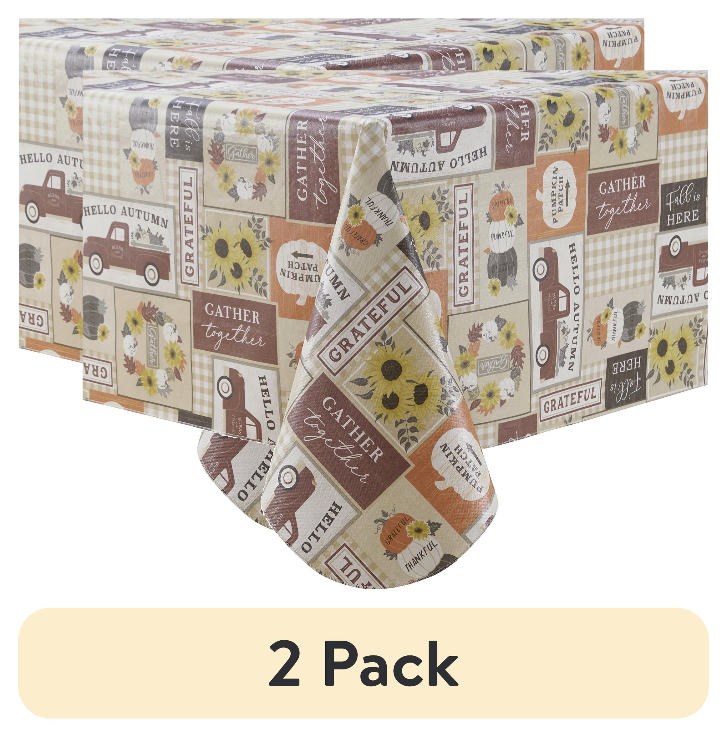 (2 pack) Way To Celebrate Harvest Autumn Patchwork Peva Tablecloth, Fall Décor 70" Round - Beige
