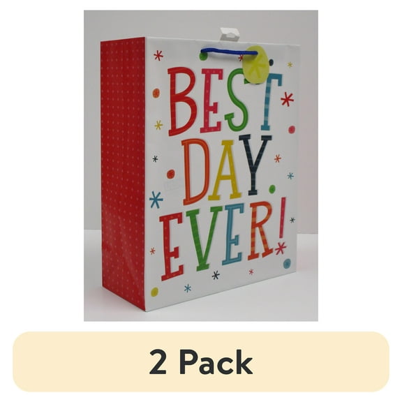 (2 pack) Way to Celebrate Everyday Extra Large White Paper Gift Bag, Best Day Ever, 12" x 5" x 15"