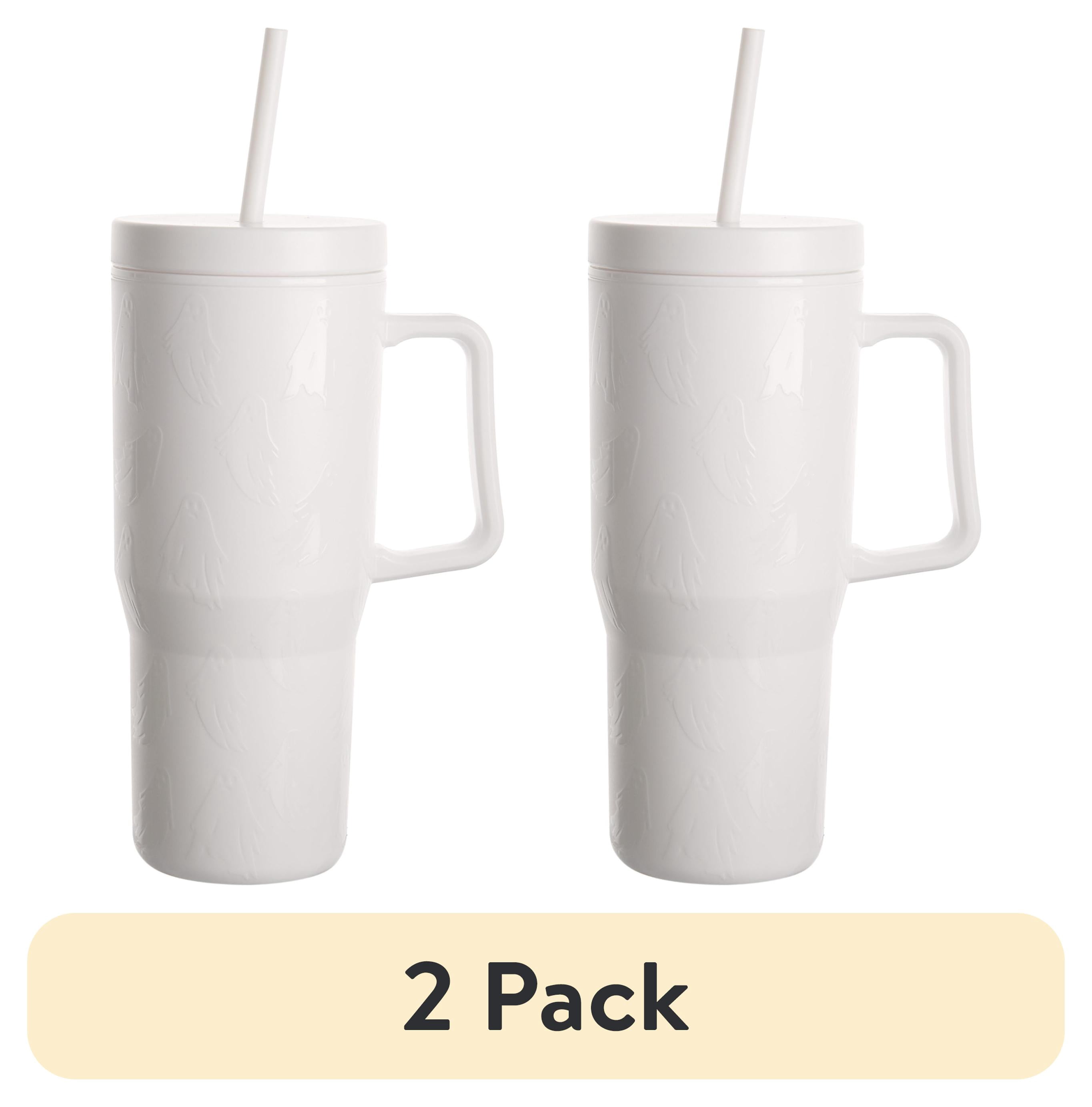 (2 pack) Way to Celebrate Halloween 30 oz Plastic Double Wall Insulated Embossed Ghost Tumbler with Straw and Handle, White