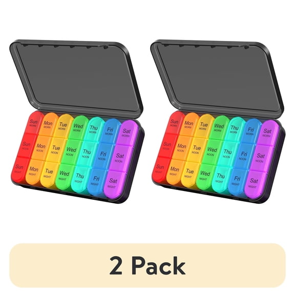 (2 pack) Weekly Pill Organizer 3 Times a Day, Travel Pill Box Case 7 Day, Large Medication Container for Daily Vitamin and Medicine, with Portable Compartments