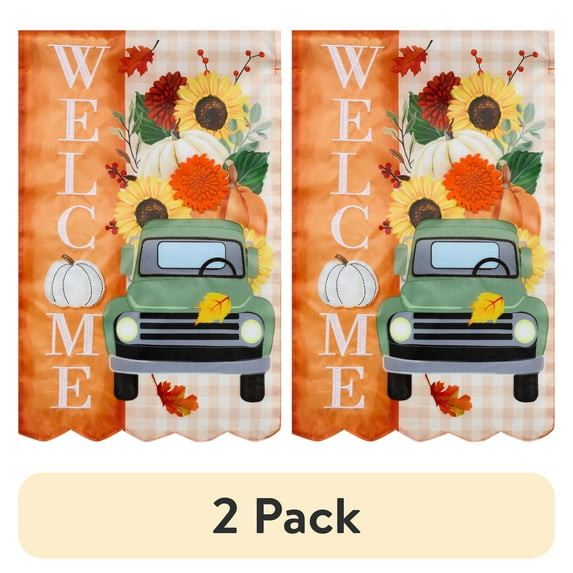 (2 pack) Welcome Fall Truck Yard Flag 11.5 in x 18 in