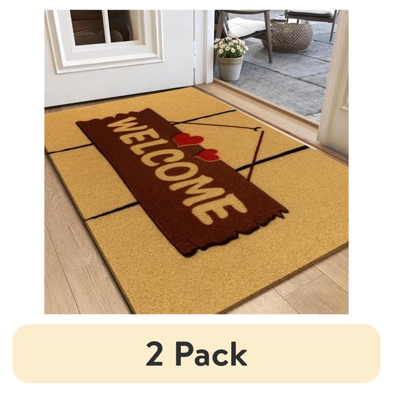 (2 pack) Welcome Mat, Yamaziot 24"x36" Coir Door Mat for Inside Outside, Outdoor Non Slip Utility Entryway Rug Front Doormat, Dirt Trapper, All-Season, Brown