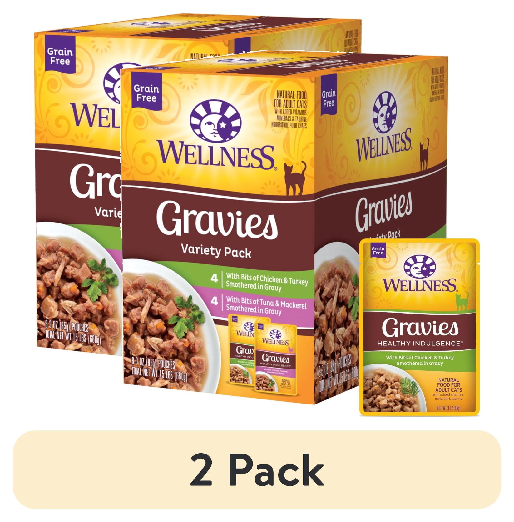 (2 pack) Wellness Healthy Indulgence Gravies Variety Pack Adult Wet Cat Food, Natural, Protein Rich, Grain Free, 2 Flavors, 3 oz, Pack of 8 Pouches