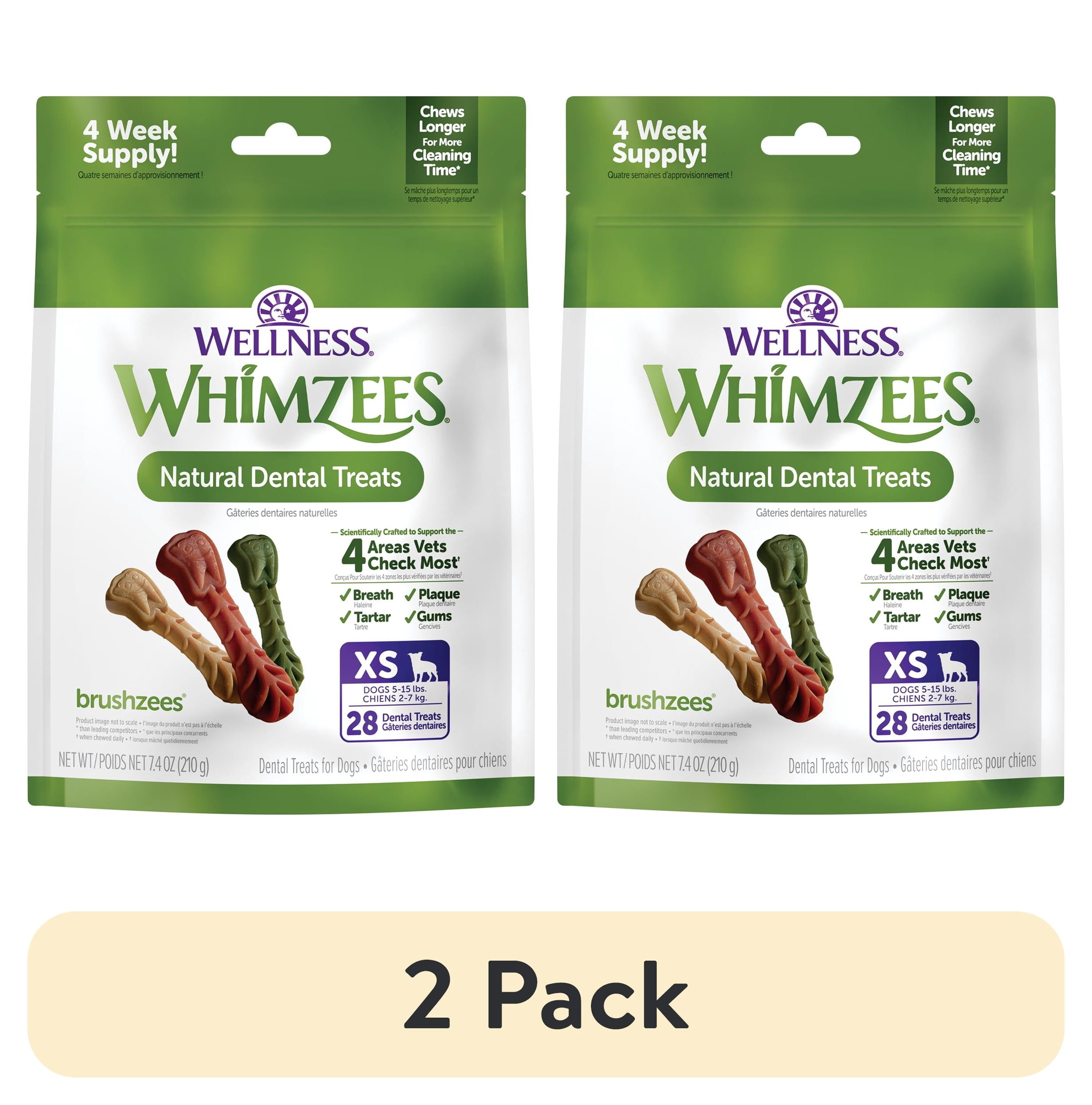 (2 pack) Wellness WHIMZEES Daily Brushzees Natural Dog Dental Treat, VOHC Accepted Chews, Freshens Breath, Extra-Small Size, 7.4 oz Bag, 28 Count