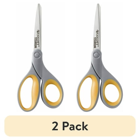 Westcott Titanium Bonded Scissors, 8" Long, 3.5" Cut Length, Gray/Yellow Straight Handles, 2/Pack