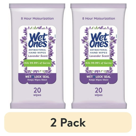 (2 pack) Wet Ones Antibacterial Hand Wipes, Lavender Floral Scent, 20 Ct Travel Pouch, 8 Hour Moisturization