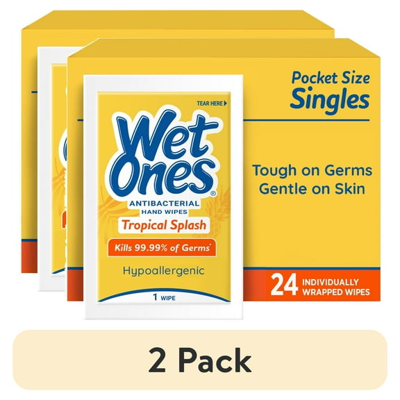 (2 pack) Wet Ones Antibacterial Hand Wipes, Tropical Splash Citrus Scent, 24 Ct Individually Wrapped Wipes