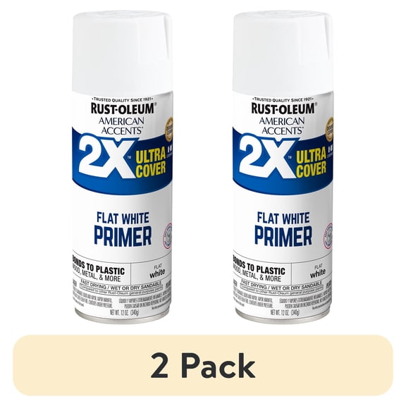 (2 pack) White Primer, Rust-Oleum American Accents 2X Ultra Cover Flat Spray Paint-327914, 12 oz