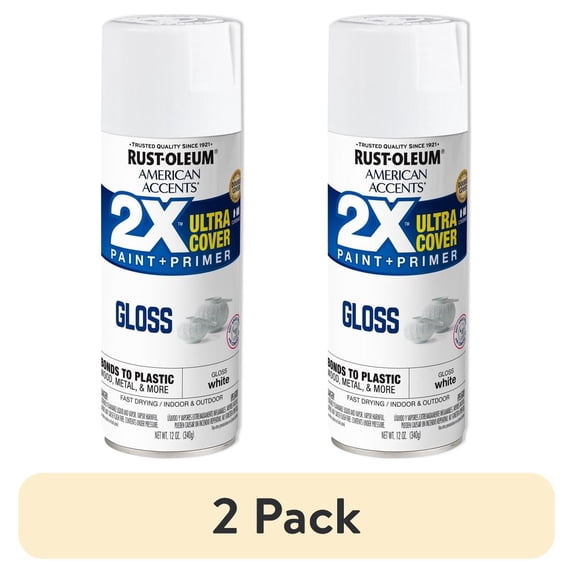 (2 pack) 6 Pack, White, Rust-Oleum American Accents 2X Ultra Cover Gloss Spray Paint- 12 oz