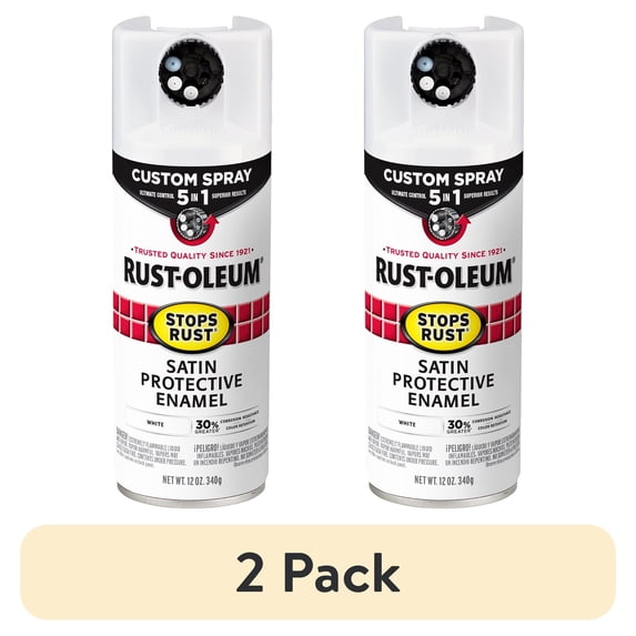 (2 pack) White, Rust-Oleum Stops Rust Custom Sprays 5 in 1 Satin Spray Paint-376870, 12 oz