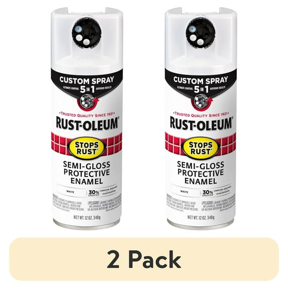 (2 pack) White, Rust-Oleum Stops Rust Custom Sprays 5 in 1 Semi-Gloss Spray Paint-376910, 12 oz