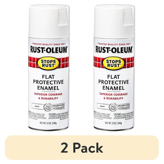 (2 pack) White, Rust-Oleum Stops Rust Protective Enamel Flat Spray Paint-7790830, 12 oz