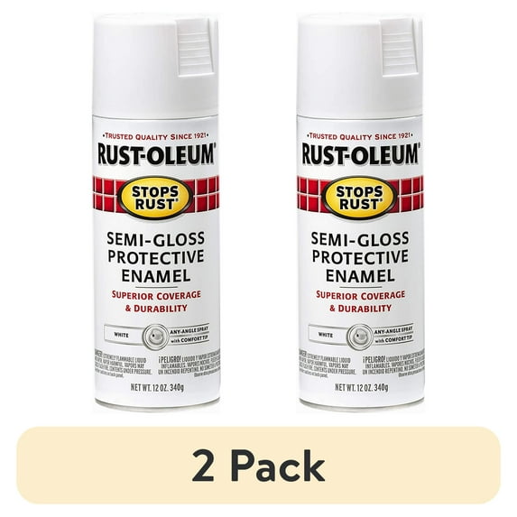 (2 pack) White, Rust-Oleum Stops Rust Protective Enamel Semi-Gloss Spray Paint-7797830, 12 oz