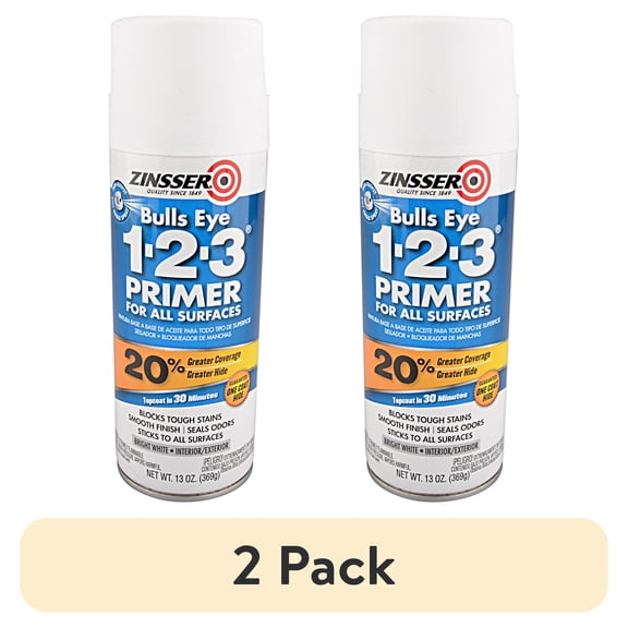 (2 pack) White, Zinsser Bulls Eye 1-2-3 Water-Based Primer Spray -2008, 13 oz