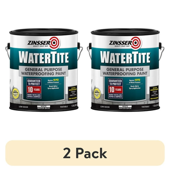 (2 pack) 2 Pack, White, Zinsser WaterTite Matte General Purpose Waterproofing Paint, 1 Gal