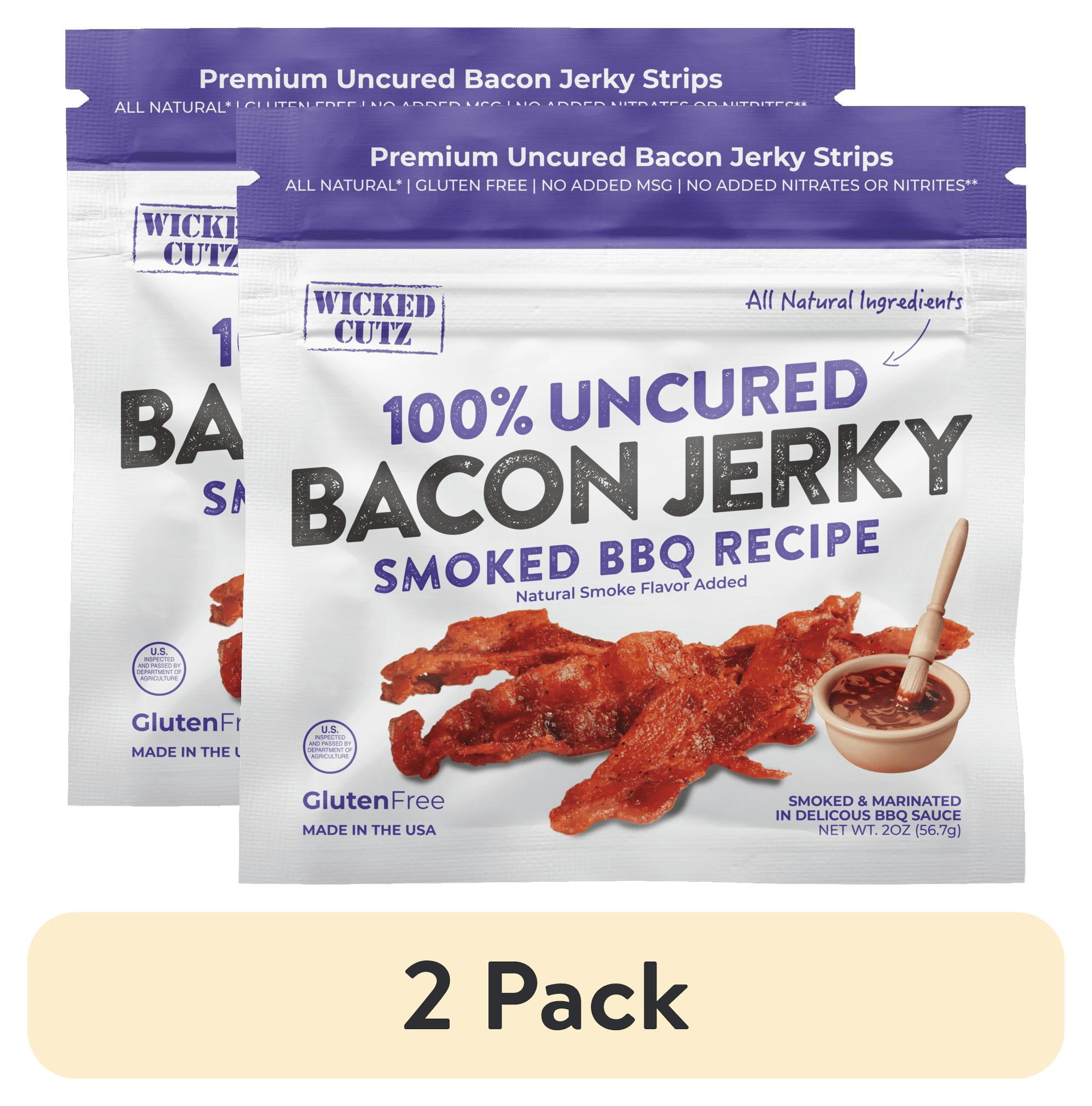 (2 pack) Wicked Cutz Premium Uncured Tender Bacon Jerky, Smoked BBQ Recipe, 24g Protein, 2 oz