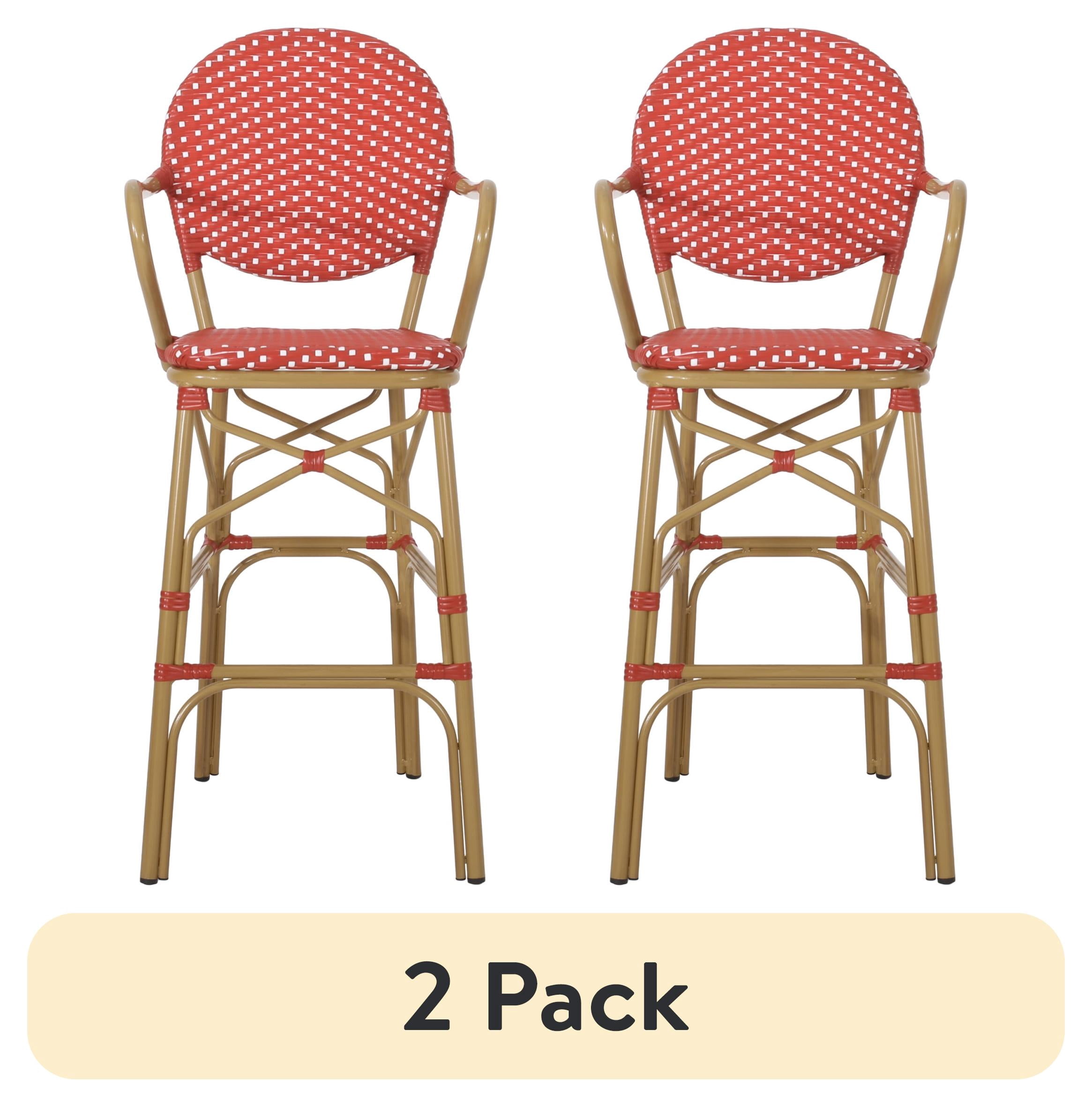 (2 pack) Wicker and Aluminum Outdoor 29.5 Inch French Barstools (Set of 2), Red, White, and Bamboo Print Finish