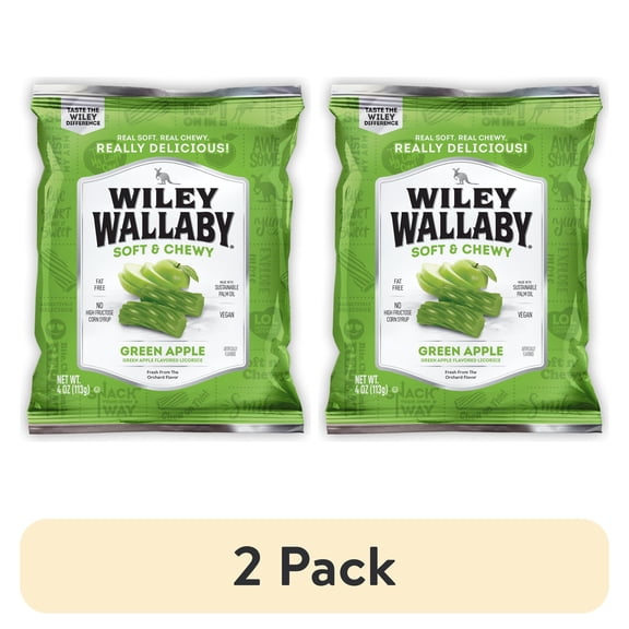 (2 pack) Wiley Wallaby Green Apple Licorice Candy, 4 oz. Bag, Contains Wheat & Soy